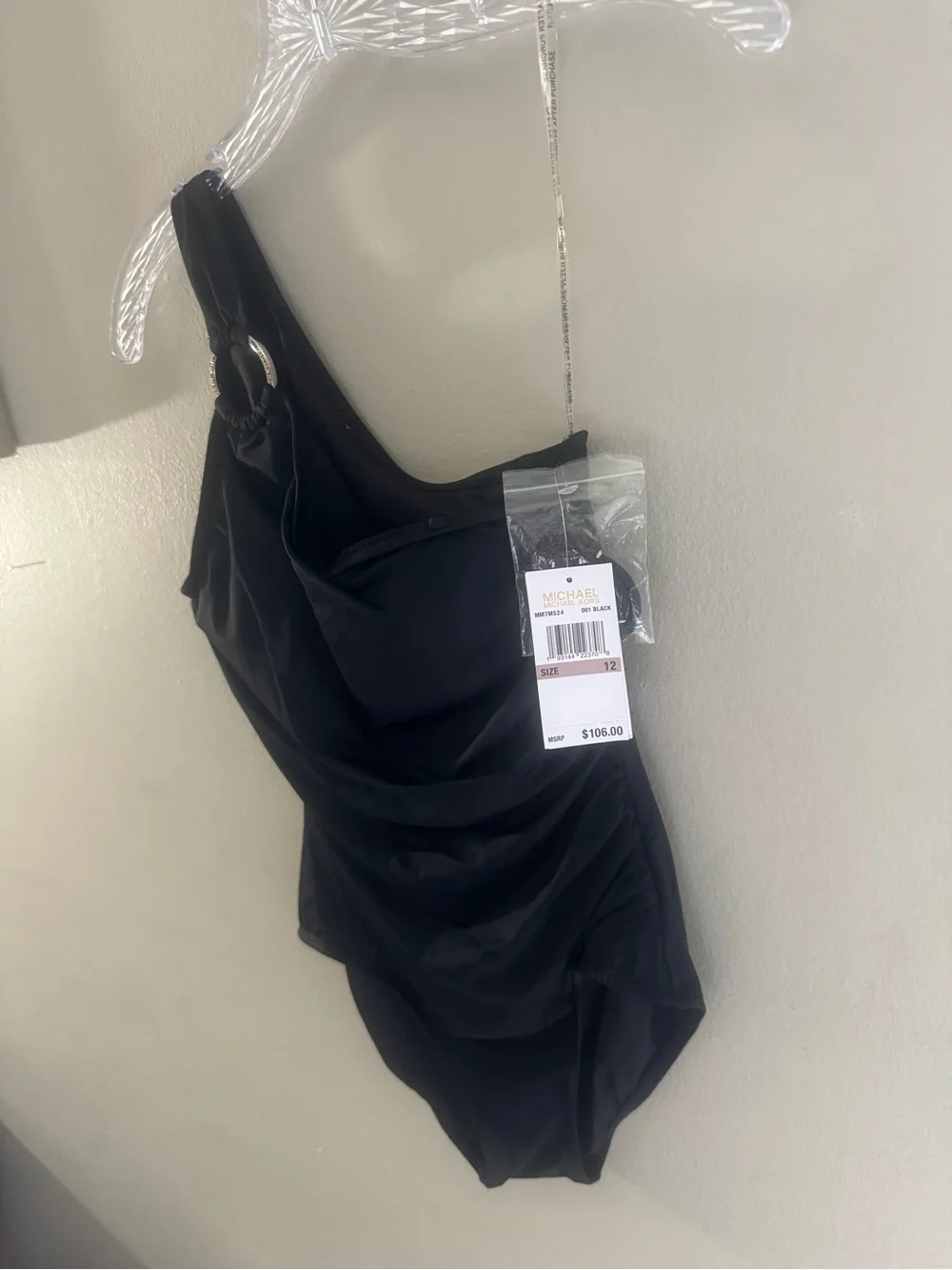 Michael Kors Black One-Shoulder Swimsuit with Ring Accent